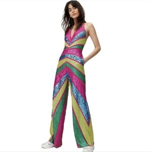 NEW Nasty Gal Collection Sequin Colorblock Halter Wide Leg Jumpsuit Size 0